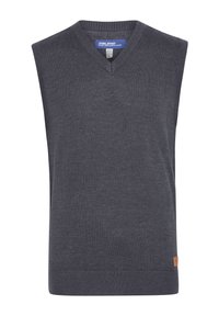 Grauer, ärmelloser Pullover mit V-Ausschnitt, aus einem glatten Strickstoff hergestellt. Mit einem gerippten Saum und einem kleinen Logopatch an der Seite.