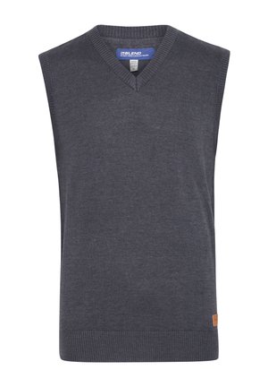 Grijze mouwloze sweater met een V-hals, gemaakt van een gladde brei-stof. Heeft een geribbelde zoom en een klein logo-patch aan de zijkant.