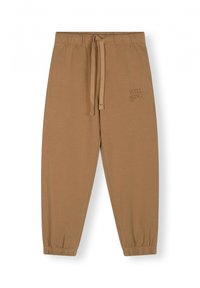 Bruine katoenen joggingbroeken met een elastische tailleband, een trekkoord en manchetten aan de enkels. Bevat een "WELL BEING." print aan de zijkant.