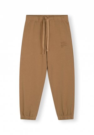 Pantalones de chándal de algodón marrón con cintura elástica, cordón ajustable y tobillos acampanados. Presenta una impresión de "WELL BEING." en el lateral.
