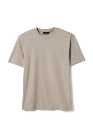 Beiges T-Shirt mit kurzen Ärmeln und Rundhalsausschnitt, schlichtes Design und ein kleines Markenetikett innen am Kragen.