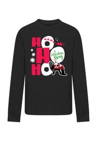Hosszú ujjú fekete póló, színes grafikai szöveggel: "HO HO HO", hópehelymintákkal, Mikulással egy széken és "Egy karácsonyi történet" felirattal.