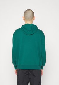 Grön hoodie med en avslappnad passform, justerbar dragsko i huvan, ribbade ärmslut och nederkant, tillverkad av mjukt bomullsmaterial.