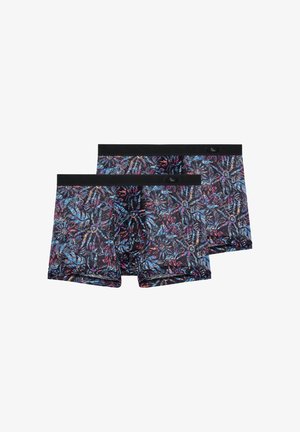 Boxer da uomo con motivo floreale multicolore su sfondo nero. Realizzati in tessuto elasticizzato con fascia in vita nera. Confezione da due pezzi.