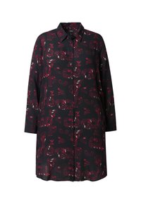 Camicia nera lunga con un motivo astratto colorato in rosso e bianco, dotata di colletto, chiusura con bottoni e maniche a tre quarti.