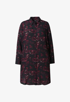 Langes schwarzes Hemd mit einem bunten abstrakten Muster in Rot und Weiß, mit Kragen, Knopfleiste und 3/4-Ärmeln.