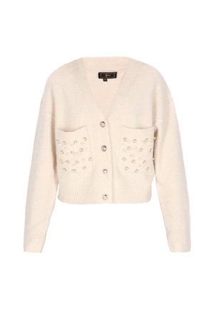 Kreminės spalvos kardiganas su v-kaklu, mygtukų užsegimu, dviem priekinėmis kišenėmis ir dekoratyvinėmis karoliukų detalėmis. Minkšta tekstūra ir trumpas dizainas.