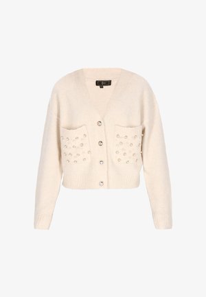 Světle krémový kardigan s výstřihem do V, s knoflíkovým zapínáním, dvěma předními kapsami a dekorativními perličkami. Měkká textura a zkrácený design.