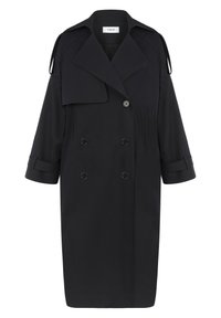 Trench-coat noir à double boutonnage avec larges revers, pattes d'épaule, manches mi-longues et bracelets de manche réglables.