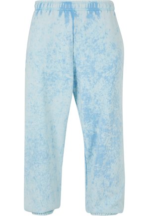 Light blue sweatpants featuring a tie-dye pattern, elastic waistband, and cuffed ankles. Made from soft fabric with a relaxed fit.