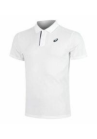 Witte polo met korte mouwen, gemaakt van gladde stof, met een klassieke kraag en een marineblauwe accentstrook. Voorzien van een logo op de borst.