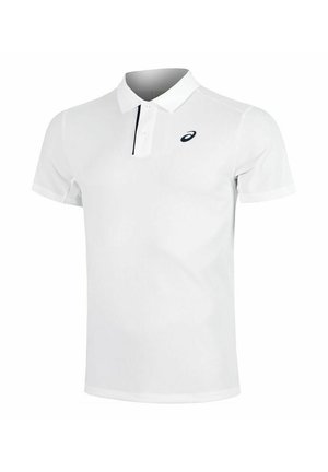 Weißes Poloshirt aus glattem Stoff mit kurzen Ärmeln, klassischem Kragen und marineblauem Akzentstreifen. Verfügt über ein Logo auf der Brust.