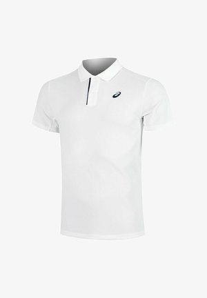 Witte polo met korte mouwen, gemaakt van gladde stof, met een klassieke kraag en een marineblauwe accentstrook. Voorzien van een logo op de borst.