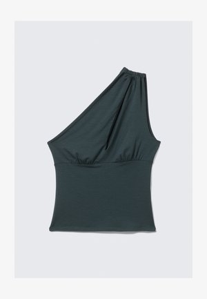 Top de um ombro em azul-escuro, feito de tecido suave. Apresenta franzido elástico no ombro e abaixo do busto para uma silhueta ajustada.