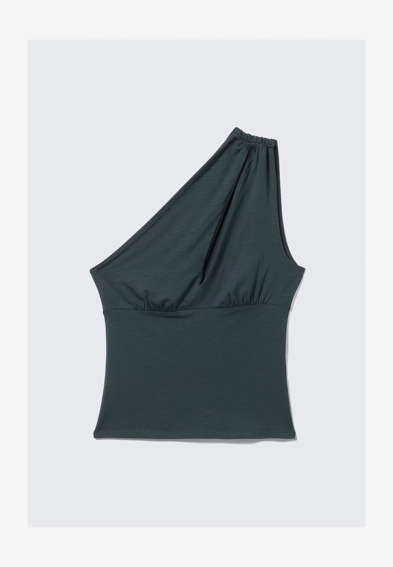 Haut à une épaule en vert foncé, fabriqué en tissu doux. Présente un gathering élastique à l'épaule et sous la poitrine pour une silhouette ajustée.