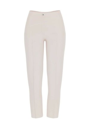 Beżowe damskie spodnie o dopasowanym kroju, z przodu zapięte na guzik i suwak, zaprojektowane na formalne lub biznesowo-casualowe okazje.