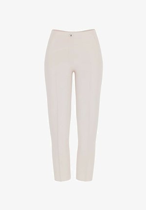 Pantaloni da donna beige a taglio slim con chiusura frontale a bottone e cerniera, progettati per un abbigliamento formale o business casual.