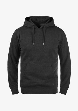 Sudadera con capucha gris oscuro, hecha de una tela suave. Cuenta con un bolsillo frontal, capucha ajustable con cordones y puños y dobladillo de canalé. Detalle de marca minimalista.