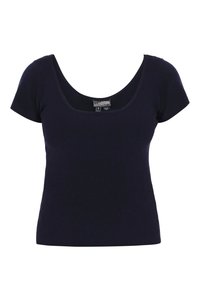 Tengerészkék bordázott felső széles kerek nyakkivágással és rövid ujjakkal, testhezálló szabással és texturált anyagból.