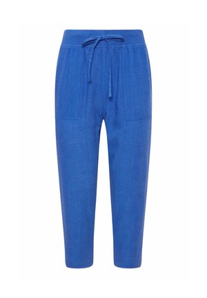 Niebieskie krótkie spodnie z elastycznym paskiem w talii i regulowanym sznurkiem, z dwoma przednimi naszywanymi kieszeniami i luźnym krojem.