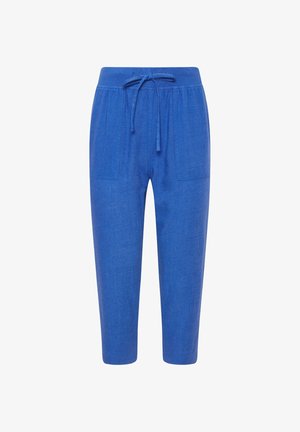 Blauwe cropped broek met een elastische tailleband en verstelbare trekkoord, voorzien van twee voorzakken en een relaxte pasvorm.
