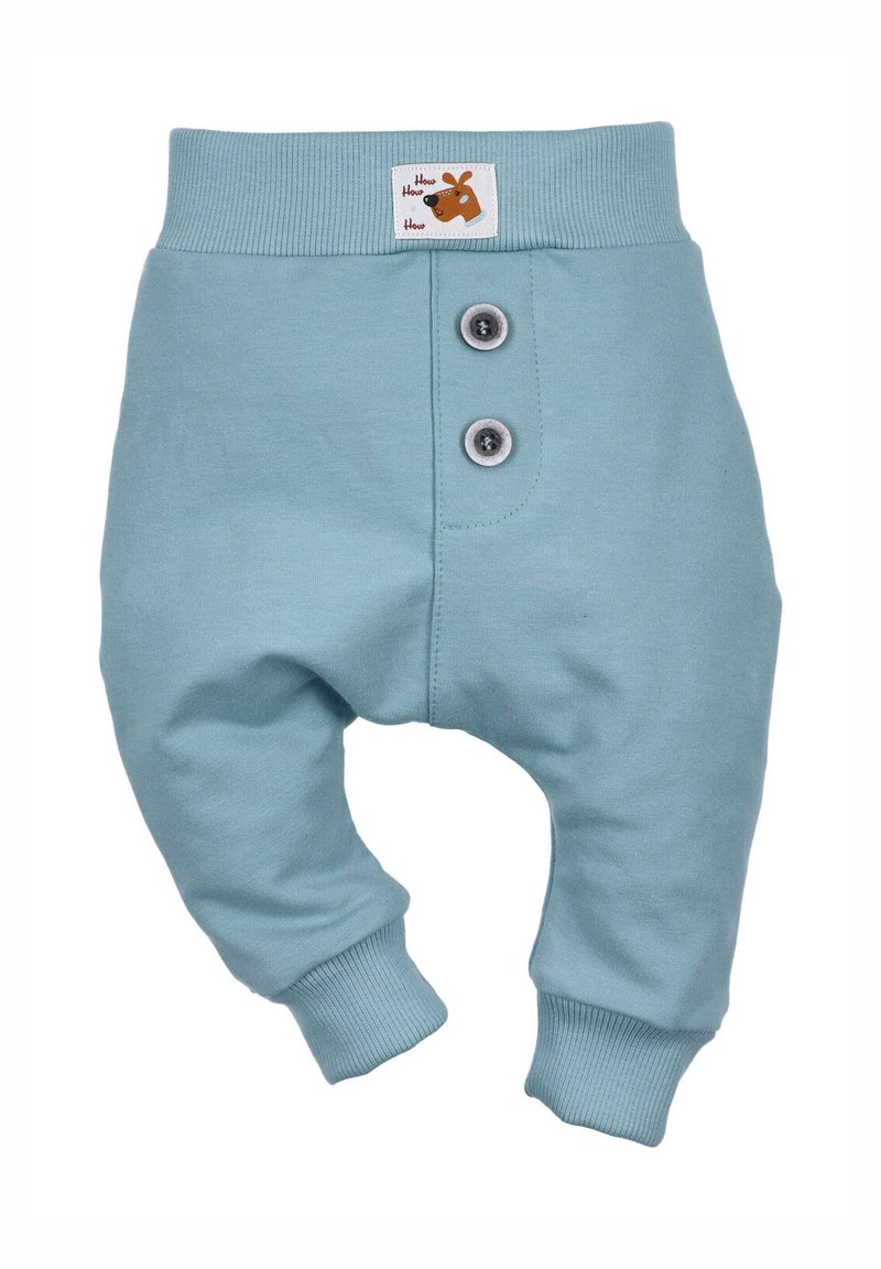 Jasnoniebieskie bawełniane spodnie dla niemowląt z prążkowanym pasem, dwiema szarymi guzikami i małą metką z logo, na której znajduje się głowa kreskówkowego zwierzątka.