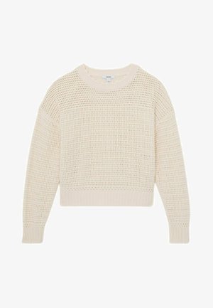 Flødefarvet strikket sweater med rund hals, lange ærmer og et tekstureret, åbenstrikket mønster over det hele.