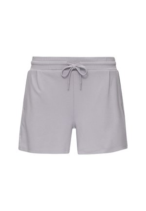 Lichtgrijze shorts van zacht materiaal. Heeft een elastische tailleband met verstelbaar trekkoord en twee zijzakken. Eenvoudig, casual ontwerp.