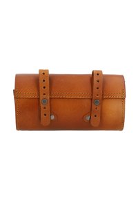 Brown leather roll-up case with two adjustable straps and metal studs. Features a smooth exterior and stitched detailing.