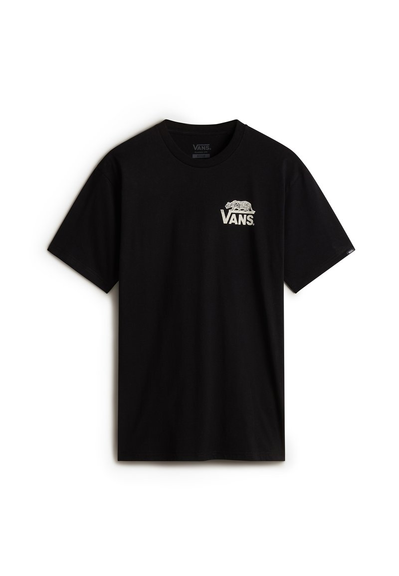 Camiseta negra de manga corta hecha de algodón, con cuello redondo y un gráfico blanco de un tigre sobre el logotipo "VANS" en el pecho.