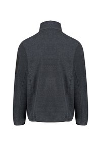 Dark gray fleece jacket with a high collar, textured fabric, side seams, and black elbow patches. Simple, functional design.