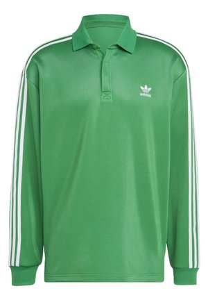 Polo Adidas vert à manches longues avec des détails à trois bandes blanches sur les manches et petit logo Adidas blanc sur la poitrine.