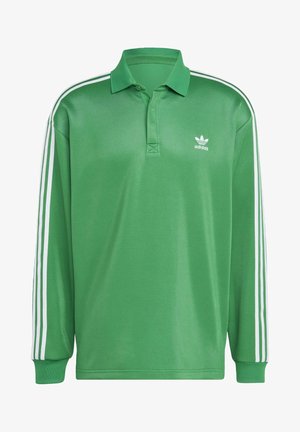 Zielona koszulka polo Adidas z długim rękawem, z białymi trzema paskami na rękawach oraz małym białym logo Adidas na piersi.