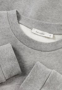 Grå sweatshirt i mjukt tyg, med ribbad rund halsringning och ärmkanter. Etikett med texten "hessnatur" och storlek 36.