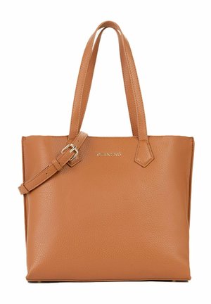 Brown leather Valentino tote bag with dual top handles and adjustable shoulder strap, featuring textured finish and metal logo on the front.