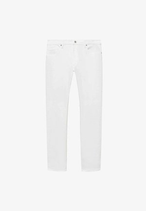 White denim jeans with a straight fit. Features five pockets, belt loops, and a zip-fly closure. Smooth fabric with minimal distressing.