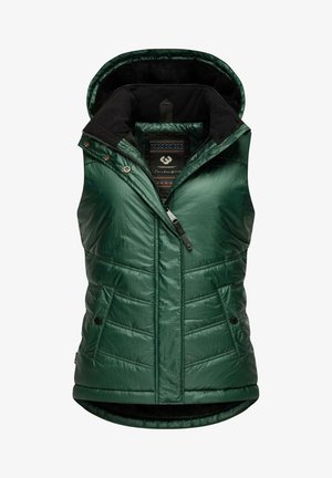 Green insulated vest with a smooth, shiny finish. Features a hood, zippered front, and two buttoned pockets. Textured interior lining.