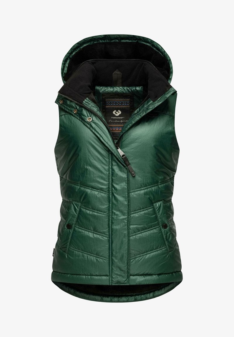Grüne isolierte Weste mit einer glatten, glänzenden Oberfläche. Verfügt über eine Kapuze, einen Reißverschluss vorne und zwei geknöpfte Taschen. Strukturierte Innenauskleidung.