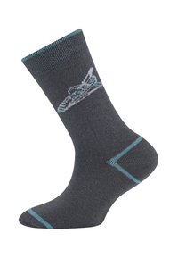 Graue Baumwollsocke mit türkisfarbenen Akzenten; verfügt über ein strukturiertes Strickdesign und einen verspielten Grafikdruck in der Nähe des Knöchels.