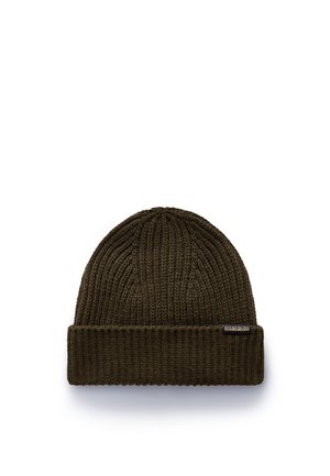 Dark green knitted beanie with a ribbed texture and a folded cuff. Features a small logo tag on the side.