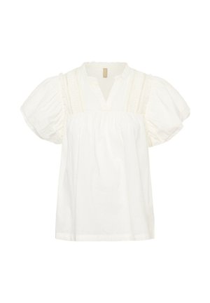 Witte blouse met korte mouwen, met pofmouwen, een V-hals en kantdetails langs de schouders en de bovenkant van de borst.