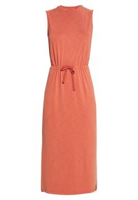 Hihaton, polvipituinen mekko pehmeässä korallinvärissä. Ominaisuuksiin kuuluu pyöreä pääntie, säädettävä vyötärö, jossa on nauha, sekä suora leikkaus.