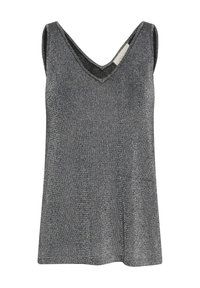 Metaliczny srebrny top bez rękawów z dekoltem w kształcie litery V. Gładka faktura z delikatnym połyskiem, o luźnym kroju i wykończonych brzegach.