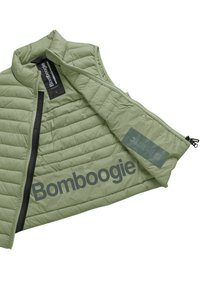 Lichtgroene puffer vest met hoge kraag, gewatteerd ontwerp, ritssluiting en 'Bomboogie' logo aan de binnenkant. Soepele textuur, zonder mouwen.