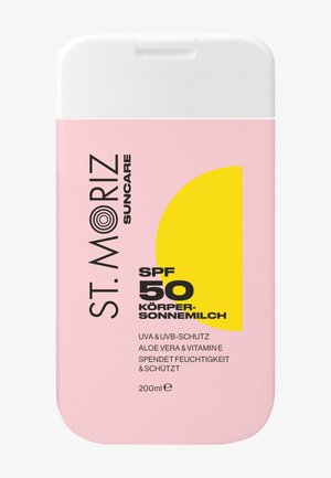 Roze St. Moriz SPF 50 body zonlotionfles met gele halve cirkel grafiek, UVA/UVB bescherming, aloë vera, vitamine E, inhoud 200 ml.