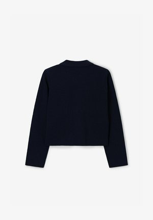 Marineblauwe crop sweater met lange mouwen, een platte kraag en een gladde textuur. Eenvoudig ontwerp zonder zichtbare details of patronen.