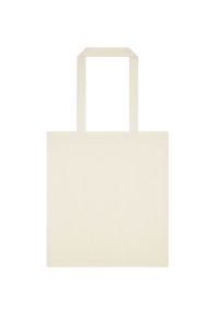 Beige tote bag lavet af glat syntetisk materiale, med firkantet form og to flade håndtag for nem bæring. Minimalistisk design.