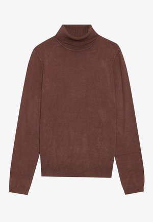 Pruun kaelus-sweater pikka varrukatega. Valmistatud pehmest, tekstureeritud kangast. Omab madalat kaelust ja vabamat lõiget.