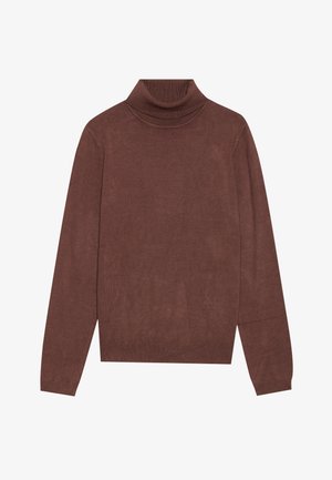 Barna garbó nyakú pulóver hosszú ujjal. Puha, texturált anyagból készült. Feszes nyakkal és laza szabással rendelkezik.