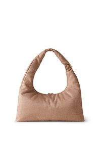 Hobo bag in light brown textured material with a curved handle and gold-tone hardware accent. Features a zip closure for secure storage.